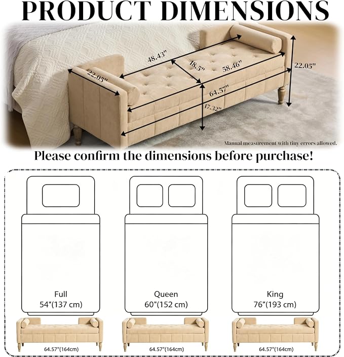 Aoiy & Wifon 64.57" W End of Bed Bench King Size, Upholstered Large Storage - Image 6