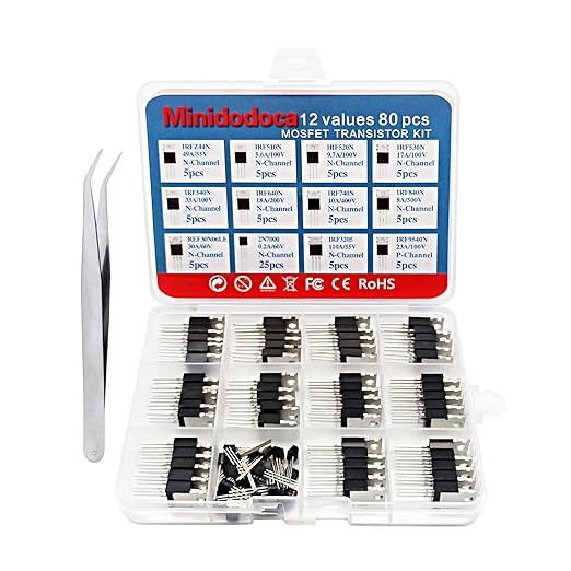 Minidodoca 12 Values 80 Pcs MOSFET Transistor Assortment Kit N&P Channel MOSFET IRFZ44N IRF510N IRF530N IRF530N IRF540N IRF640N IRF740 IRF840 RFP30N06LE 2N7000 IRF3205 IRF9540 Logic Level P&NMOS Kit