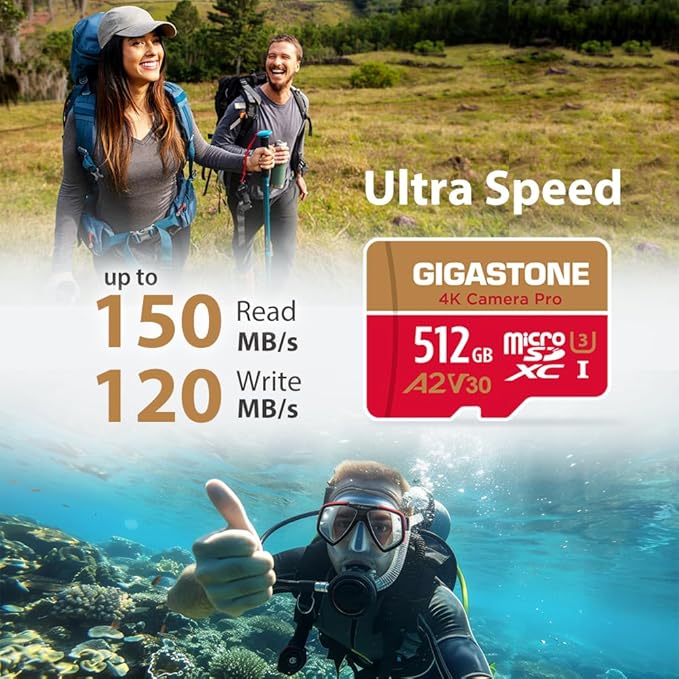[5-Yrs Free Data Recovery] Gigastone 512GB Micro SD Card, 4K Camera Pro, A2 V30 UHS-I U3 C10, Up to 150/120MB/s, for Smartphone, GoPro, Action Cam, 4K UHD Video, with Adapter & USB-C Card Reader