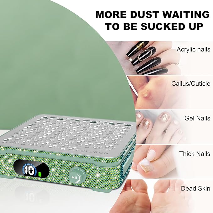 Nail Dust Collector | 1000PA Gel Nail Dust Collector | 10 Speed Levels | Low Noise & Strong Suction | Reusable Filter, 10 Pads + Nail Dust Brush | for Acrylic Nails, Salon & Home - Dark Green Diamond