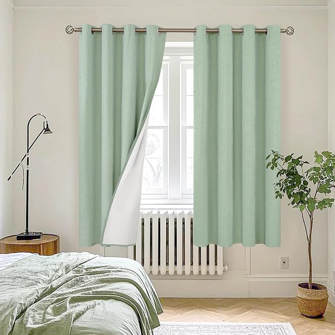 YoungsTex Light Sage Green Linen Blackout Curtains 63 Inch Long 2 Panels | - Image 3