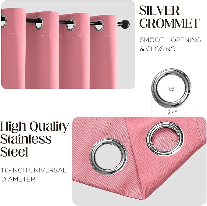 CUCRAF Pink Blackout Curtains 63 inch Length 2 Panels Set, Room Darkening Drapes - Image 2