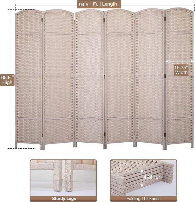 Room Divider 6 Panel 5.6 FT Tall Privacy Screen Waterproof Wood Frame Partition - Image 7