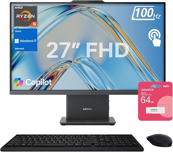 Lenovo IdeaCentre Business All-in-One, 27" FHD Touchscreen 100Hz, AMD Ryzen 5 7535HS, 16GB DDR5 RAM, 1TB SSD, Webcam, Wireless KB & Mouse, Windows 11 Home, Bundle with Adata 64GB USB Flash Drive