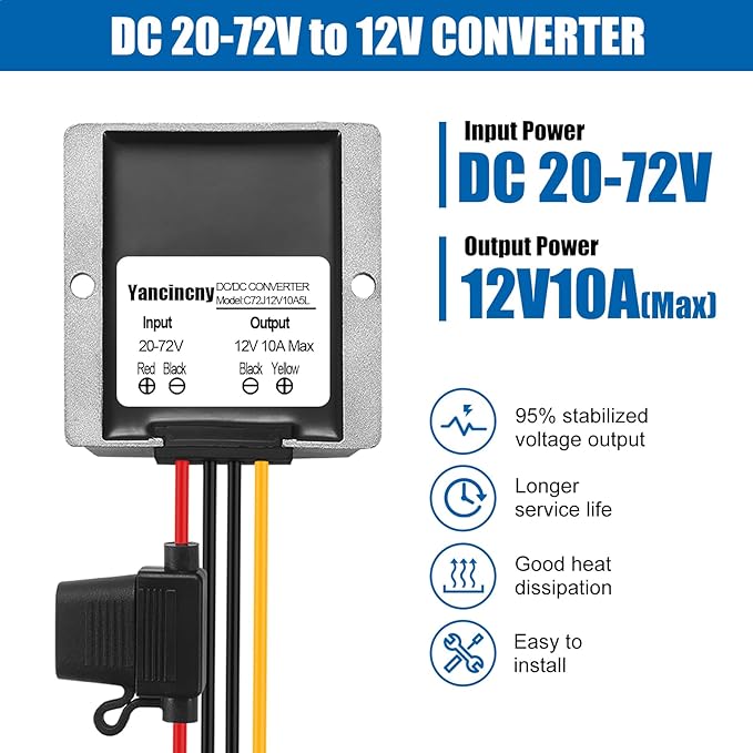 Yancincny 10A 120W 12V Golf Cart 24V 36V 48V 72V to 12V DC Converter Voltage Regulator Reducer Transformer with Fuse - Waterproof DC Step Down Converter 24V to 12-V(Input Range: 20-72V)