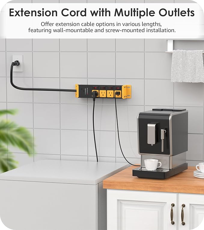 CCCEI 2PCS Heavy Duty Power Strip Surge Protector 20 AMP Individual Switches. 12 Gauge Extension Cord with Multiple Outlets. Garage, Shop, Industrial Wall Mount Electric Extender. 15FT, Yellow.