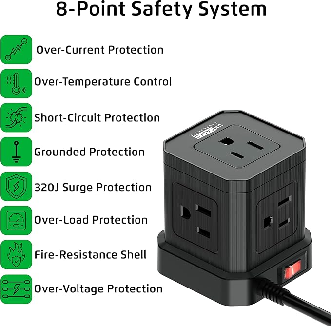 Cube Power Strips with Surge Protection, 10ft Extension Cord with Multiple Outlets, 5 AC Plugs, 3 USB, 1 Usbc Fast Charging Power Strip with USB Ports, Mountable On/Off Switch Charging Station