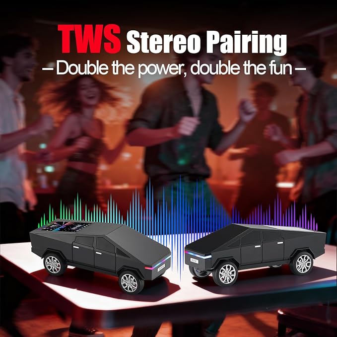 Futuristic Pickup Truck Bluetooth Speaker with LED Display Screen – Practical Gift Choice for Car Model Fans & Audio Users, TWS Stereo, FM Radio, USB/TF Playback, Front LED Headlights, Mic(Black)