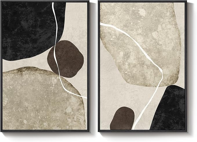 Large Framed Neutral Black Brown Abstract Wall Art - Image 9