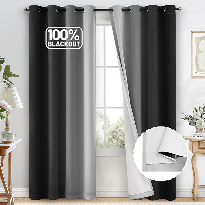 COSVIYA Grommet 100% Blackout Black Ombre Curtains White Back, W52xL90 Inch | 2 by COSVIYA