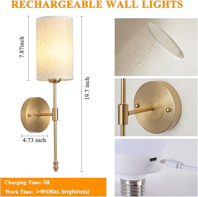 Battery Operated Wall Sconces Set of Two, Rechargeable Wireless Wall Lights with Remote, Gold Electroplating, Dimmable, RGB 15 Colors, Ideal for Bedroom, Living Room, 2 Pack