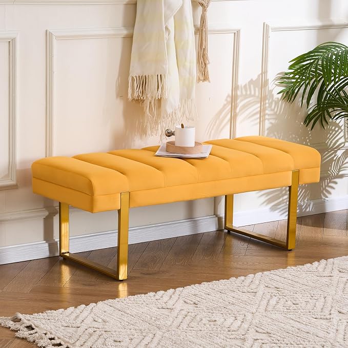 46" Velvet Bench with Gold Leg for Bedroom Window End of Bed Mustard Yellow | by AIITTCC