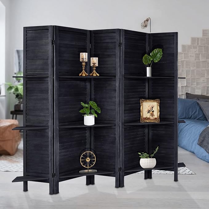 Room Divider with Shelves, 5 Panel Black Privacy Screen | Partition Room - Image 5