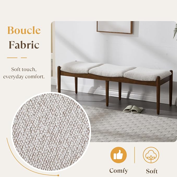 Modern Bedroom Ottoman Bench, Boucle Beige End of Bed Bench Entryway Bench - Image 6