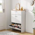 VINGLI Shoe Cabinet Storage for Entryway Ultra Slim with 2 Flip &1Drop-Down Drawers, 24.8" W Narrow Shoe Cabinet for Front Door Entrance,Freestanding Modern White Wood Shoes Organizer for Hallway