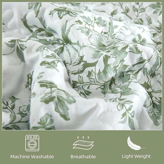WONGS BEDDING Full Quilt Bedding Set, Sage Green Botanical Bedspread | Floral - Image 4