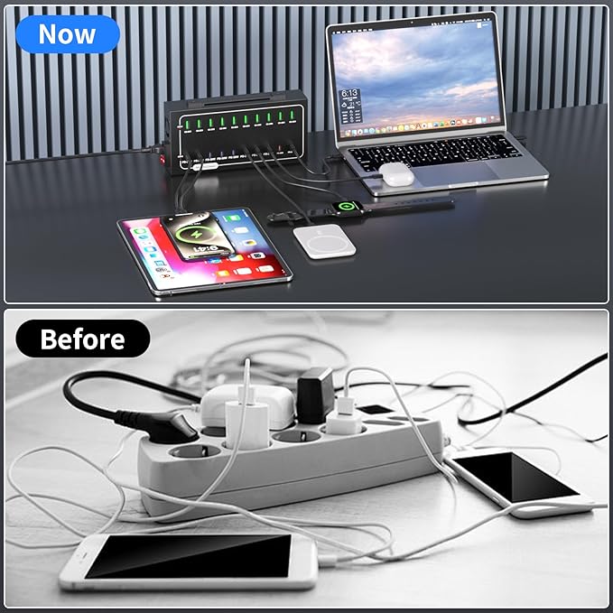 580W USB Charging Station, 20 Port (10 PD+10 QC) USB C Charger Block, Fast Charging Station for Multiple Devices with Smart Power Delivery for iPhone, iPad, Tablet and More