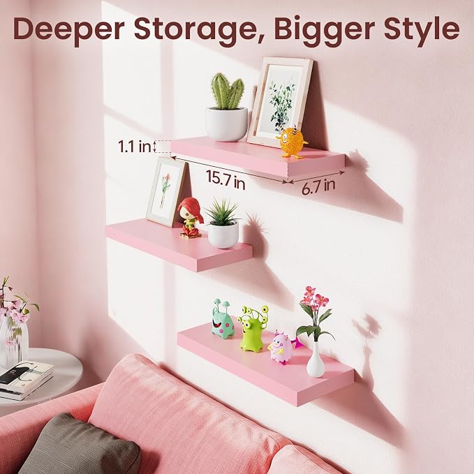 BAYKA Pink Floating Shelves 15.7in, Wall Mounted - Image 3