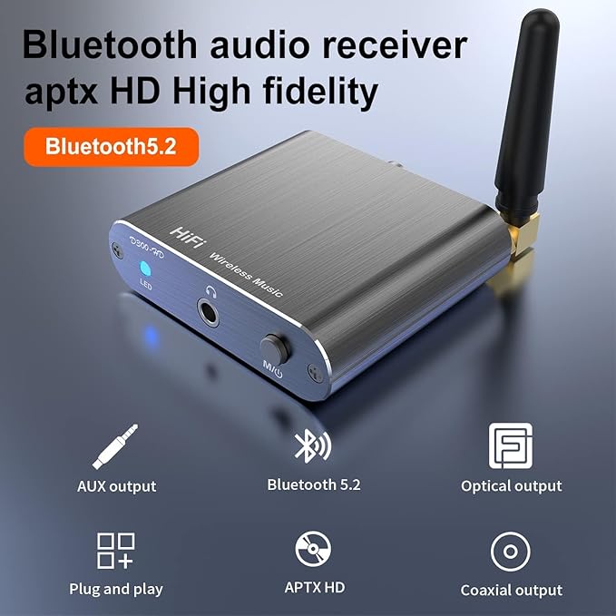 Bluetooth 5.2 Receiver Adapter for Old Home Stereo Receiver Speakers, Wireless Audio Transmitter Receiver for Headphones, Support Aux, Coxial and Optical Outputs