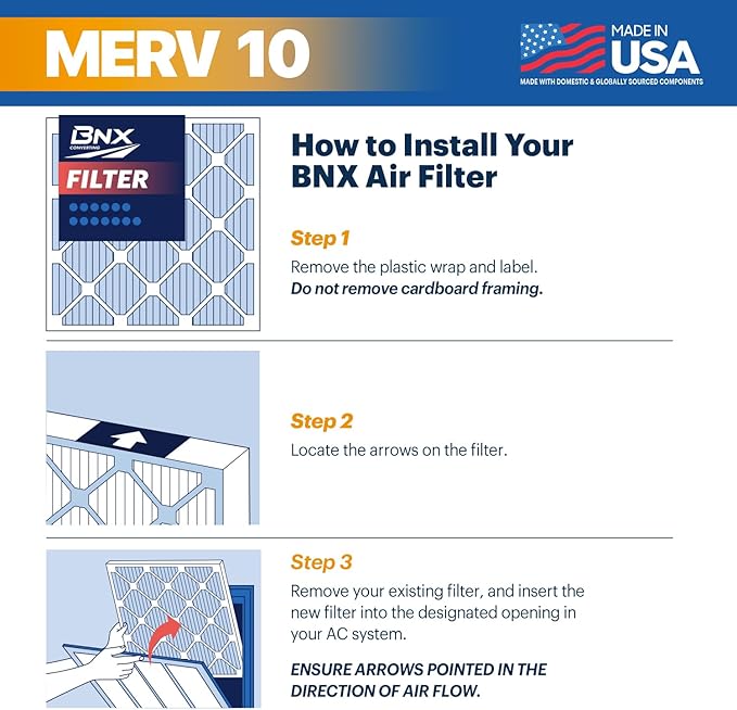 BNX TruFilter 14x20x1 MERV 10 (2-Pack) AC Furnace Air Filter - MADE IN USA - Pleated Air Conditioner HVAC AC Furnace Filters - Removes Odor, Mold, Bacteria, Smoke