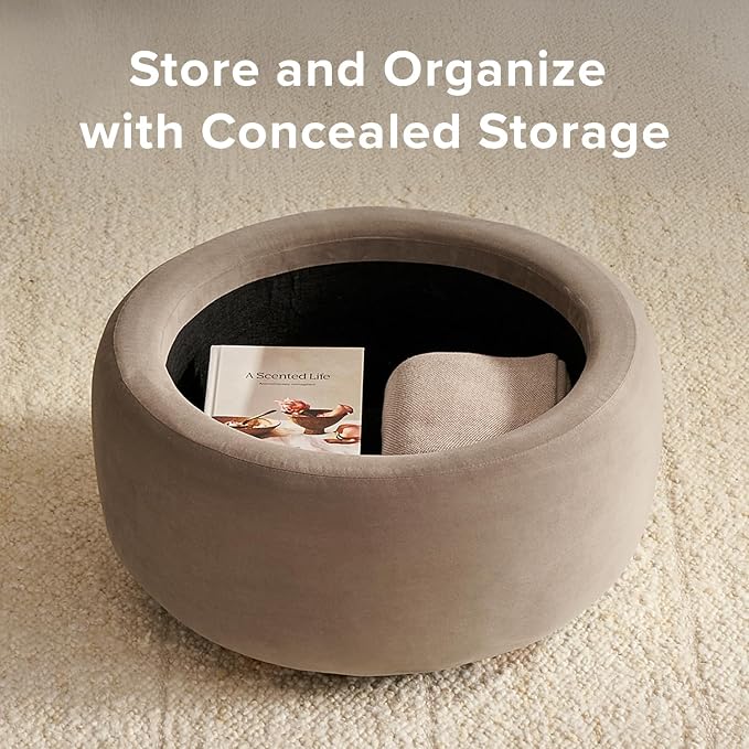 mopio Luna Round Ottoman with Storage and Tray, Round Coffee Table with Storage - Image 4