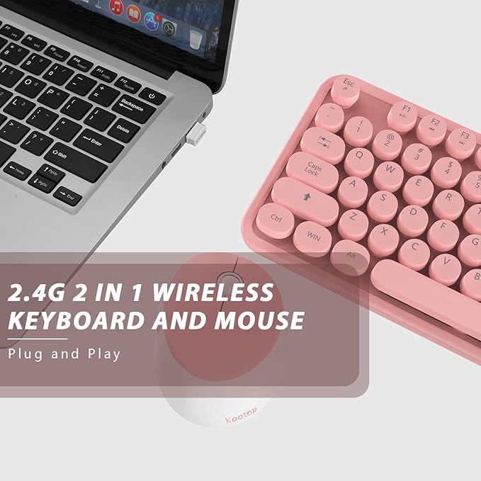 Kootop Wireless Keyboard, Cute Colorful 104 Keys Typewriter Retro Round Keycaps Keyboard for PC Laptop,Desktop,Windows, Home and Office Keyboards (Pink)