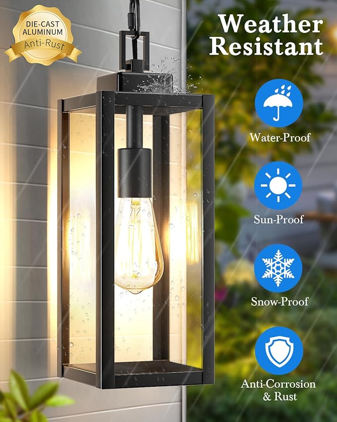 MYHXQ 15'' Large Motion Sensor Outdoor Pendant Lights, Dusk to Dawn Modern Outside Chandelier Outdoor Hanging Lantern with Clear Glass, Exterior Pendant Lighting Fixture for Porch, Yard, Black, 1Pack