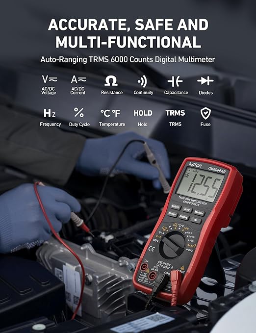 AstroAI Digital Multimeter TRMS 6000 Counts Volt Meter Ohmmeter Auto-Ranging Tester; Accurately Measures Voltage Current Resistance Diodes Continuity Duty-Cycle Capacitance Temperature, Black