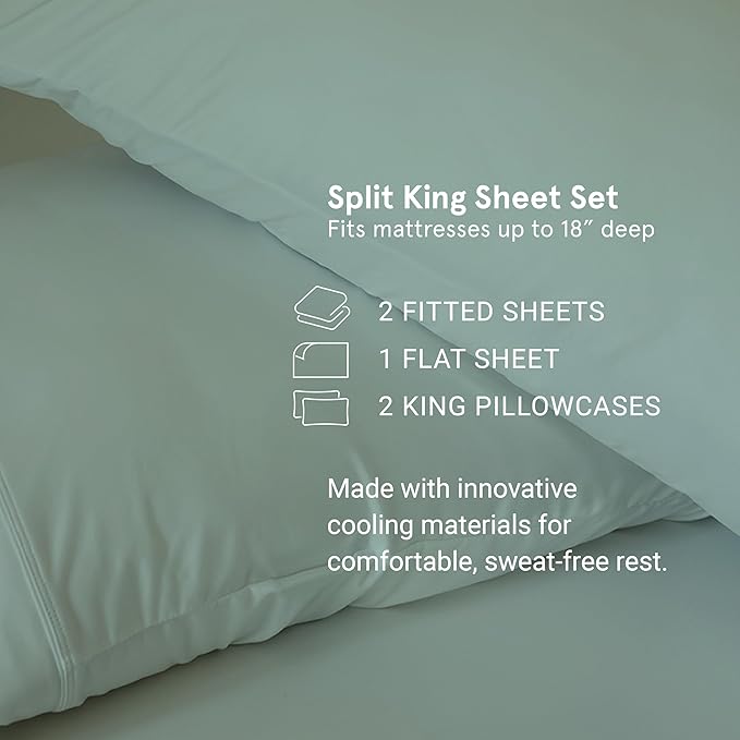 SHEEX - Original Performance Sheets Set (Split King) Pearl Blue - Cooling Sheets - Moisture Wicking - 1 Flat Cooling Sheet, 1 Fitted Cooling Sheet, 2 King Pillow Covers - Wrinkle Free - Sleep Aid