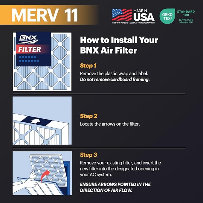 BNX TruFilter 20x20x4 (19.5’’ x 19.5’’ x 3.63‘’ Slim Fit) MERV 11 Air Filter 2-Pack - MADE IN USA - Air Conditioner Furnace Filters HVAC AC Furnace Filters for Dust, Pet, Mold, Pollen MPR 1200 FPR 7