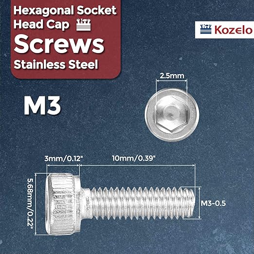 Kozelo 50pcs Socket Head Cap Screws - [M3-0.5 x 10mm] 304 Stainless Steel Allen Socket Drive for Electrical Motor 3D Printing Fan Engine Replacement Use, Silver