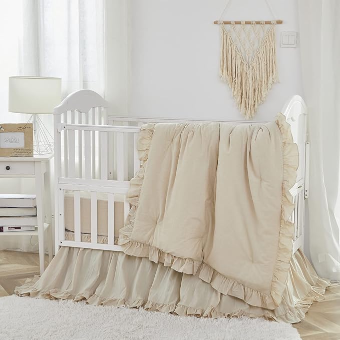 Brandream Boho Bohemian Girl Baby Nursery Crib Bed Skirt Dust Ruffle - Neutral Solid Color Beige Farmhouse Chic 100% Washed Cotton Ruffle