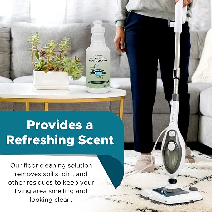 Steam & Go Demineralized Water Cleaning Solution for Floor & Multi-Surface Steam Cleaners - Compatible for All Steam Mops - Eucalyptus Mint Scent, 32 oz, Pack of 6