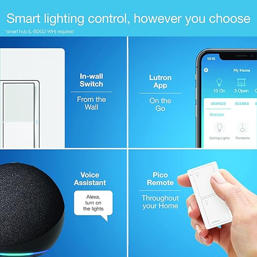 Lutron Claro Smart Switch for Caseta Lighting, for LED Lights, Fans, 5 Amp, Single-Pole/3-Way, Neutral Required, DVRF-5NSS-WH-6, White, 6 Pack