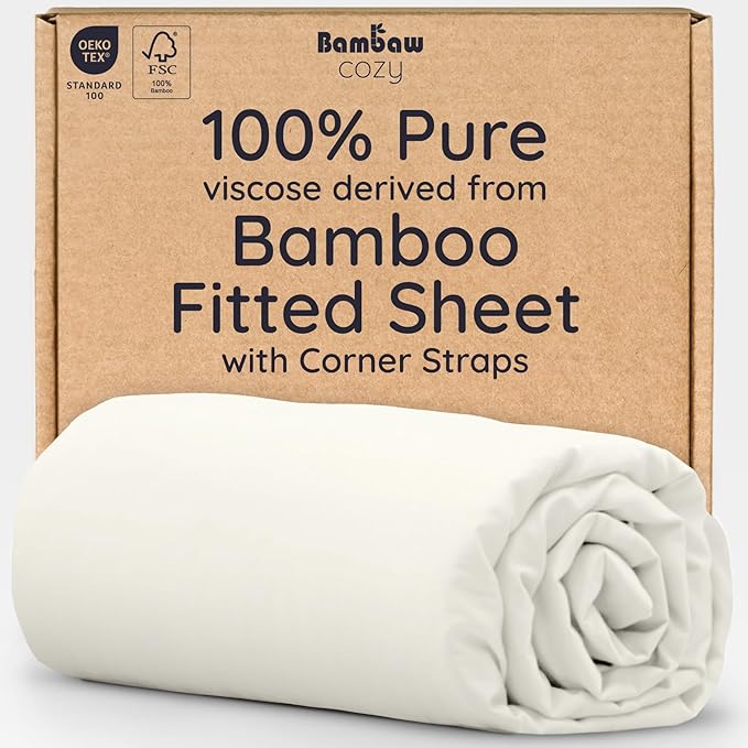 Bambaw 100% Viscose Derived from Bamboo Fitted Sheet Queen Size, 16’’ Deep Pocket Fitted Queen Sheet Only, Breathable & Cooling Fitted Sheet Queen Size (Ivory)