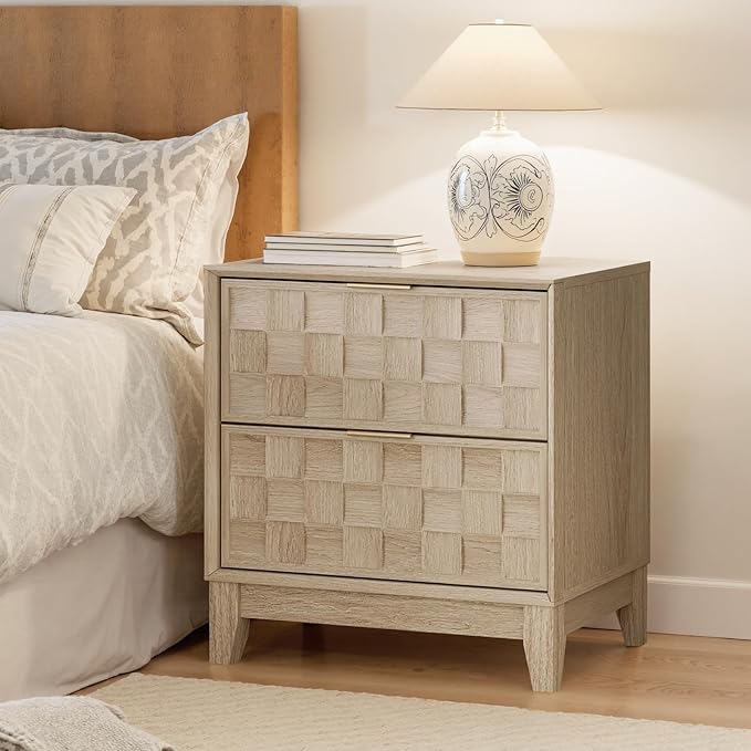 COLAMY Night Stand Set of 2, Nightstand with Charging Station, 22" Modern Bed Side Table with 2 Storage Drawers and Chessboard Relieffor Bedroom, Dorm and Small Spaces - Oak