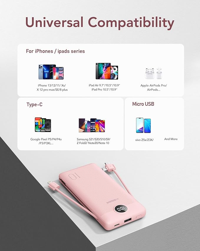 VEGER Portable Charger with Built-in AC Plug and Cables, All in One 10000mAh Ultra Slim Power Bank Travel Essentials, 15W Fast Charging Battery Pack Compatible with iPhone, Samsung, Android (Crepe)