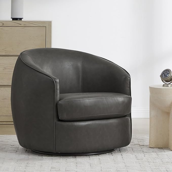 CHITA Swivel Barrel Chair, Modern Comfy FSC Certified Upholstered Faux Leather Accent Chair for Living Room, Fully Assembled, Grey