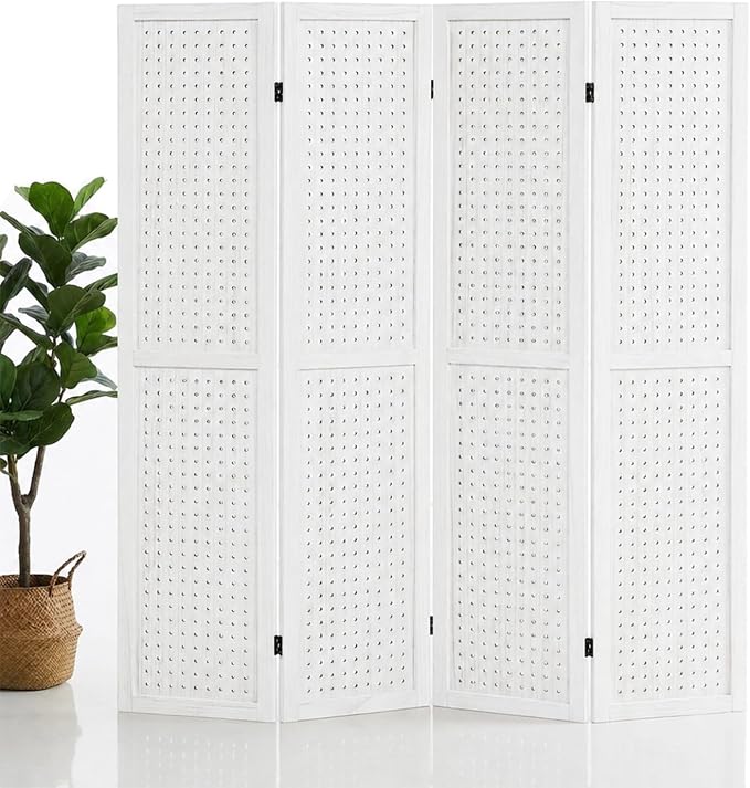 4 Panel Pegboard Room Divider, Folding Privacy Screen, Freestanding Wooden - Image 8
