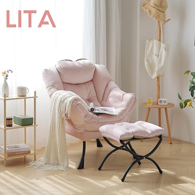 Lazy Chair with Ottoman, Comfy Accent Reading Chair, Velvet Pink | Foldable - Image 8