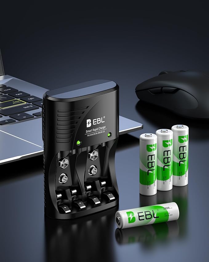 EBL 4-Bay Battery Charger for AA & AAA Rechargeable Batteries with Rechargeable AA NiMh Batteries, 4 Count, Battery Charger with Foldable Wall Plug