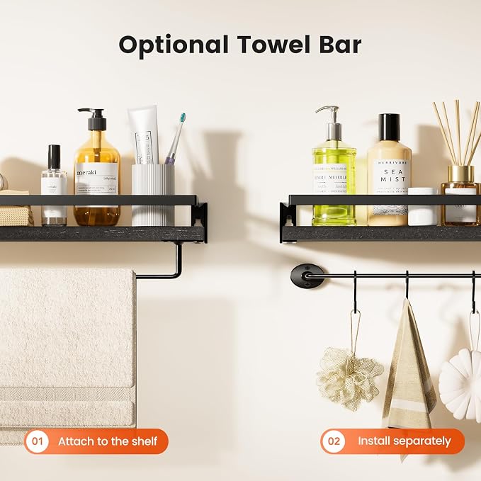 Amada Bathroom Shelves with Towel Bar, Protective Metal Guards, Paulownia Wood - Image 5