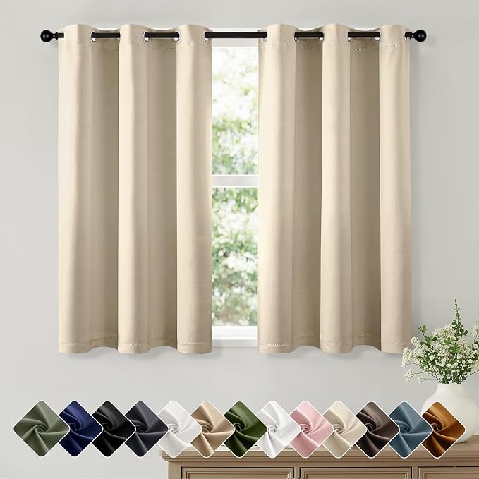 Short Cream Beige Blackout Kitchen Curtain W40 x L45 Inch 2 Panels | Thermal by Woaboy