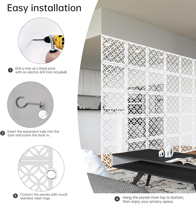 24PCS Hanging Room Divider Wall Screen Panel Room Divider Panels-White02 | - Image 7