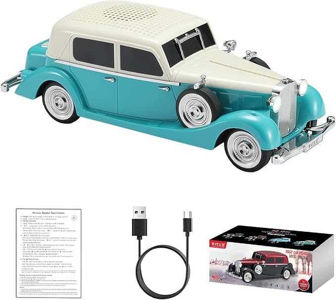 WS-1934 Retro Classic Car Bluetooth Replica Speaker – Wireless HD Sound with FM Radio,TWS Stereo,LED Party Lights,Built-in Microphone Hands-Free Call, Surprise Portable Gift for Party Use(Green)