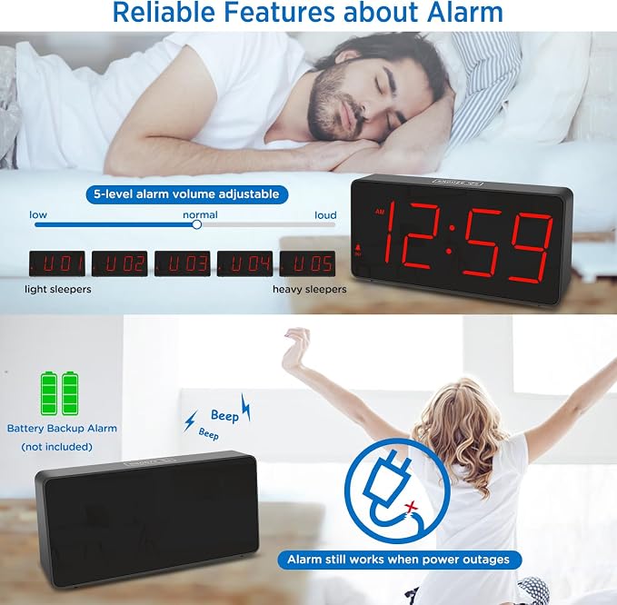 Peakeep Digital Alarm Clock for Bedroom Bedside, Large Display 5 Dimmers | - Image 4