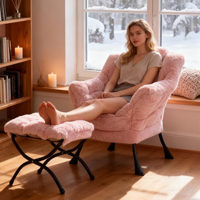 Welnow Lazy Chair with Ottoman, Reading Chair with Footrest, Plush Pink | A - Image 8