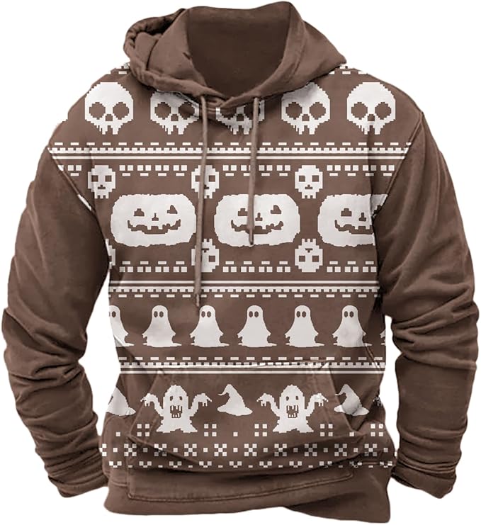 Halloween Hoodie Men Graphic Pumpkin Ghost Printed Sweatshirt Casual Trendy Long Sleeve Halloween Hooded Tops with Pockets