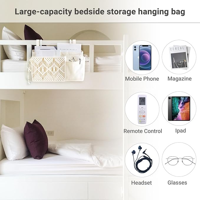 Mkono Bedside Caddy, Macrame Hanging Organizer, 4 Pockets Ivory Metal Hooks | - Image 3