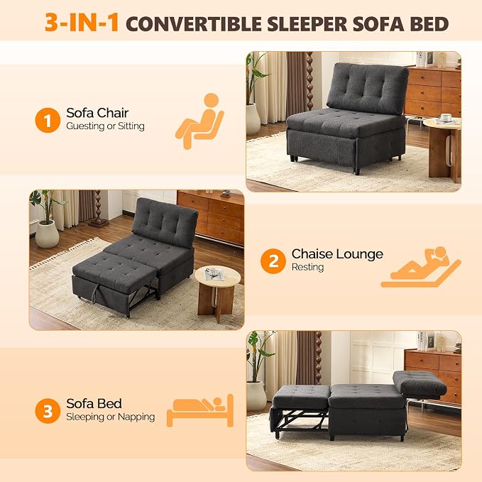 VINGLI Convertible Sofa Bed Tufted Teddy Fleece Sleeper Chair Bed Couch Armless - Image 4